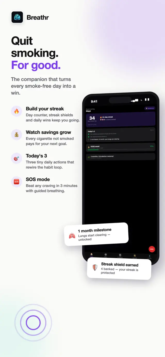 Breathr home screen — smoke-free day counter, savings so far and the SOS craving button