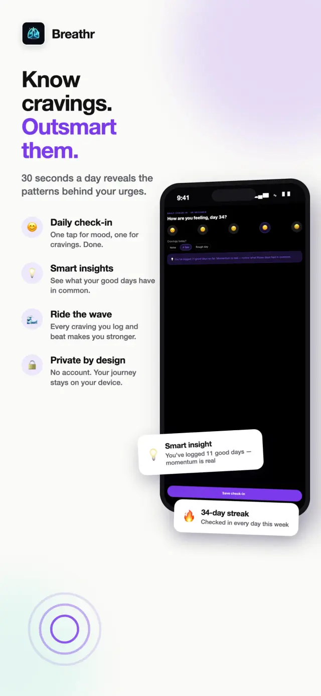 Breathr craving tools — 30-second daily mood check-in and the insights that reveal what triggers each urge