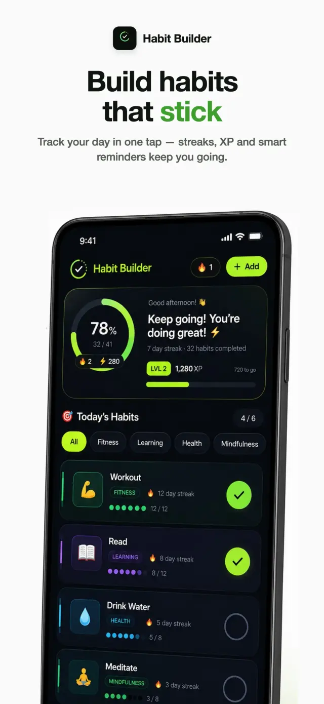 Habit Builder home screen — today’s habits with one-tap check-off, completion ring and XP level