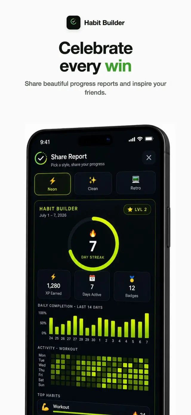 Habit Builder share report — a styled weekly summary with streak ring, XP earned and daily completion bars