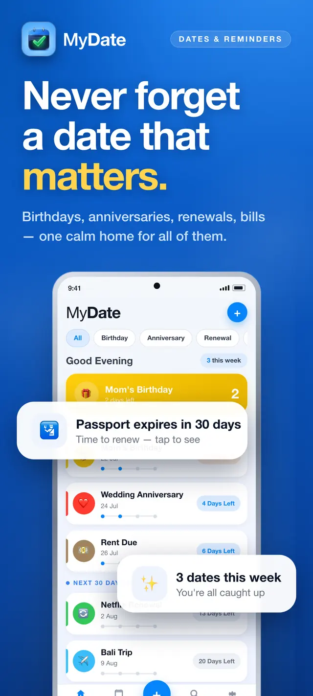 MyDate home screen — upcoming birthdays, anniversaries, renewals and bills with days-left counters