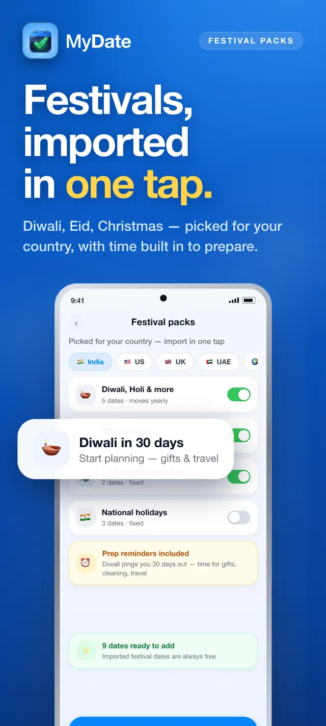 MyDate festival packs — Diwali, Holi, Eid and Christmas imported for your country in one tap