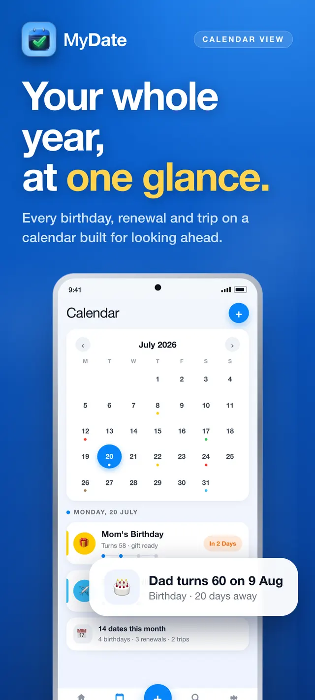MyDate calendar view — every birthday, renewal and trip laid out across the month