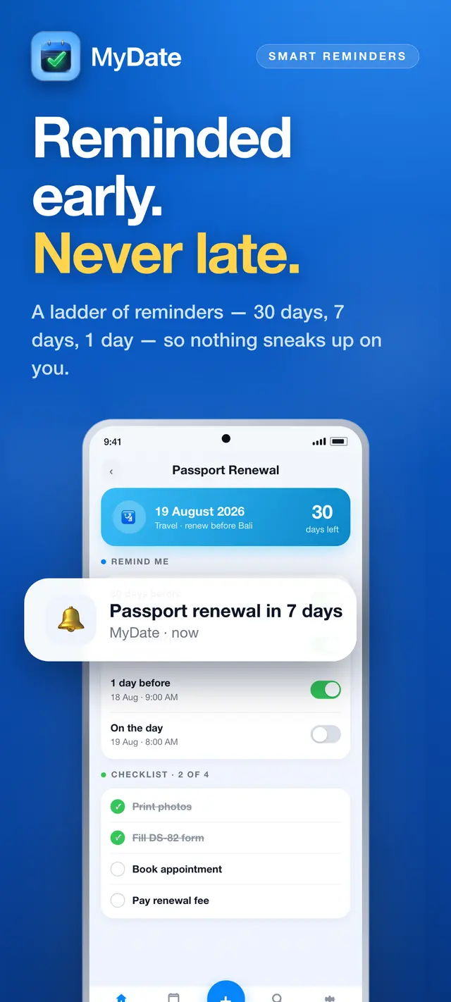 MyDate reminder ladder — 30 days, 7 days and 1 day before, so nothing arrives as a surprise
