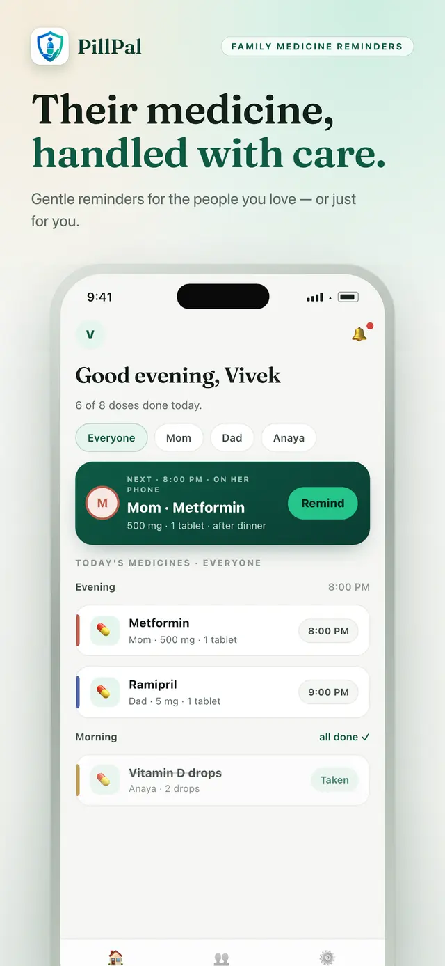 Pillpal home screen — today’s doses across the whole family, with the next medication due