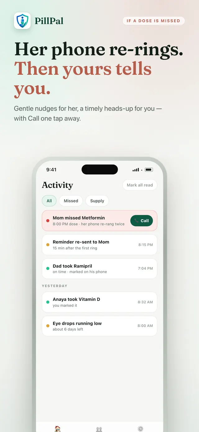 Pillpal activity feed — missed and taken doses per family member, with one-tap call and supply warnings